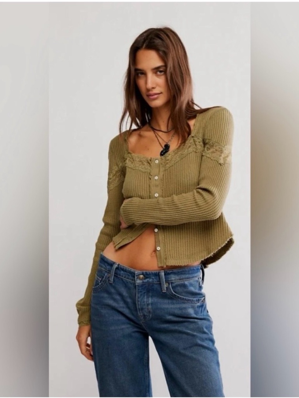NWT FREE PEOPLE LET'S PARTY LACE TRIM WAFFLE COTTON CARDIGAN GOTHIC OLIVE